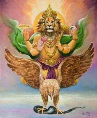 Vishnu in Form seines Avatars Narasimha reitet auf Garuda